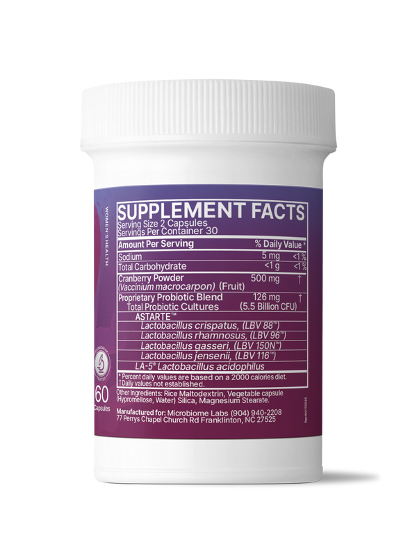 Supplement container with purple label on a white background