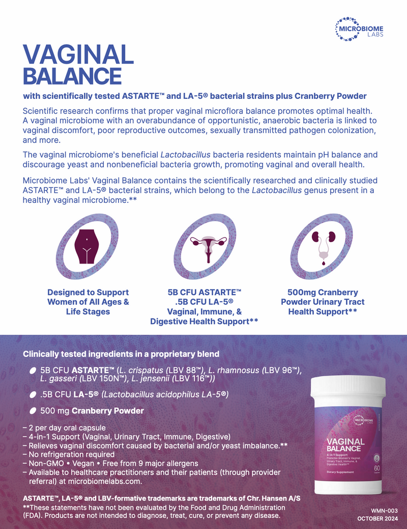 Advertisement for Vaginal Balance product with text and images of the product packaging.